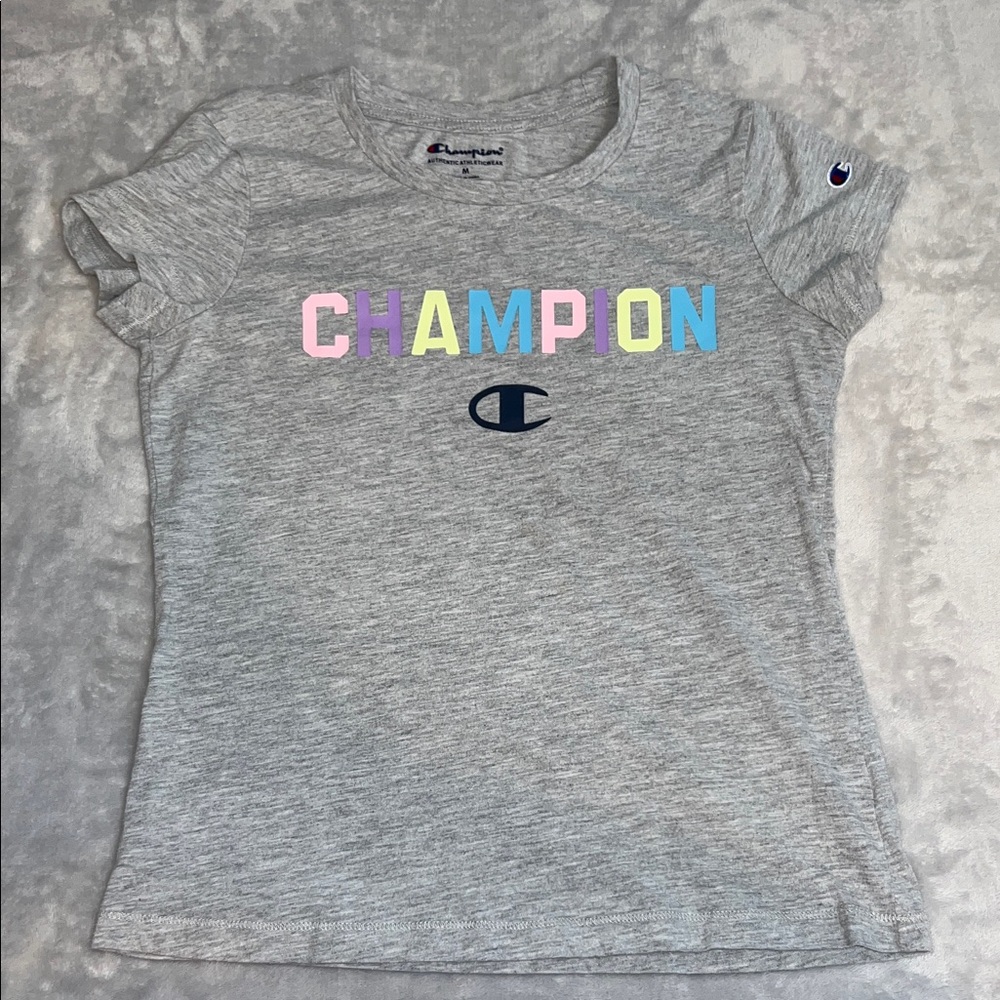 Champion Heather Gray Tee with Multicolor Logo